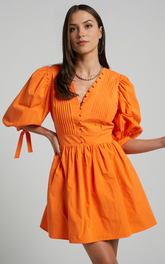 Zandra Mini Dress – Orange Puff Sleeve Fit & Flare Poplin Dress