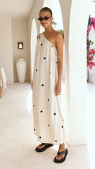 Nasira One Shoulder Maxi Dress - Oat/Black Polka Dot