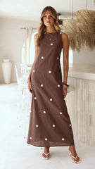 Vana Maxi Dress - Brown/White Polka