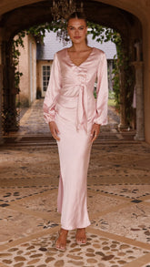 Ivy Long Sleeve Tie Front Maxi Dress - Pink