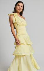 Eugenia Midi Dress – Yellow One-Shoulder Layered Fit & Flare Dress