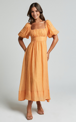Roshina Midi Dress – Puff Sleeve Straight Neck Dress in Vibrant Orange