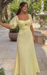 Vynna Midi Dress – Butter Yellow Puff Sleeve A-Line Dress with Ruched Bust & Scoop Neck