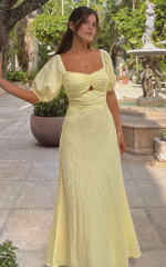 Vynna Midi Dress – Butter Yellow Puff Sleeve A-Line Dress with Ruched Bust & Scoop Neck