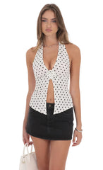 Polka Dot Flower Plunge Neck Top in White