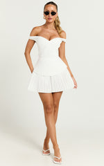Izara Mini Dress - Off Shoulder Pleated Dress in Off White