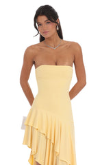 Strapless Ruffle Asymmetrical Maxi Dress in Yellow