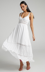 Angelique Maxi Dress – White Lace Trimmed Tiered Maxi with Textured Finish
