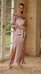 Eden One Shoulder Tie Front Maxi Dress - Dusty Pink