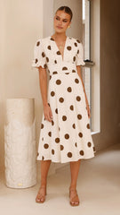 Alondra Midi Dress - White/Camel Polka