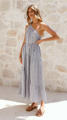Wendy One Shoulder Maxi Dress - Blue / White Stripe