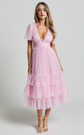 Flutter Sleeve Tulle Plunge Midi Dress in Ballet Pink