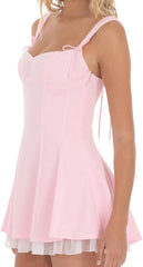Double Bows Satin Ruffle Dress in Pink