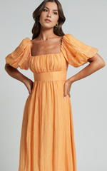Roshina Midi Dress – Puff Sleeve Straight Neck Dress in Vibrant Orange