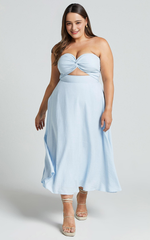 Twist Strapless Cocktail Midi Dress in Ice Blue