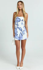 Catharine Mini Dress – Strapless A-Line Dress in Blue Floral Print