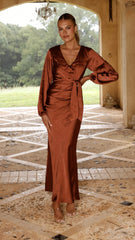 Ivy Long Sleeve Tie Front Maxi Dress - Rust