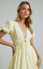 Portofino Midi Dress – Yellow V-Neck Puff Sleeve Midi for Effortless Daytime Style
