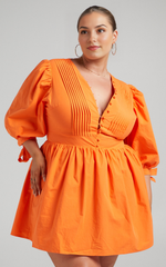 Zandra Mini Dress – Orange Puff Sleeve Fit & Flare Poplin Dress