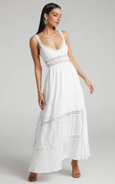 Angelique Maxi Dress – White Lace Trimmed Tiered Maxi with Textured Finish