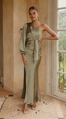 Eden One Shoulder Tie Front Maxi Dress - Olive