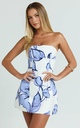 Catharine Mini Dress – Strapless A-Line Dress in Blue Floral Print