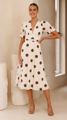 Alondra Midi Dress - White/Camel Polka