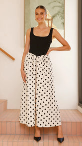 Leoni Maxi Dress - Oat/Black Polka