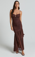Harlene Maxi Dress – Chocolate Mesh Ruched Frill Hem Gown with V-Neckline