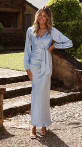 Ivy Long Sleeve Tie Front Maxi Dress - Blue