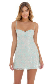 Sequin Embroidered Babydoll Dress in Seafoam