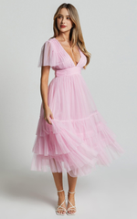 Flutter Sleeve Tulle Plunge Midi Dress in Ballet Pink