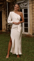 Eden One Shoulder Tie Front Maxi Dress - Champagne