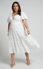 Divora Midi Dress – Ivory Tiered A-Line Dress with Plunge Neck & Balloon Sleeves
