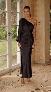 Eden One Shoulder Tie Front Maxi Dress - Black