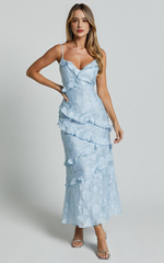 Jacquard Ruffle Tiered Midi Slip Dress in Light Blue