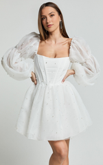 Long Puff Sleeve Pearl Detail Mini Dress in White