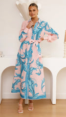 Lucia Long Sleeve Maxi Dress - Aqua/Pink Print