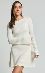 Flared Long Sleeve A-Line Mini Dress in Off White