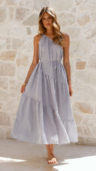 Wendy One Shoulder Maxi Dress - Blue / White Stripe