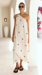 Nasira One Shoulder Maxi Dress - Oat/Black Polka Dot