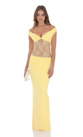 Off Shoulder Lace Cutout Maxi Dress in Yellow