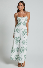 Bettina Midi Dress – Green & White Printed Slip Dress with Ruched Bust & Strappy Detail