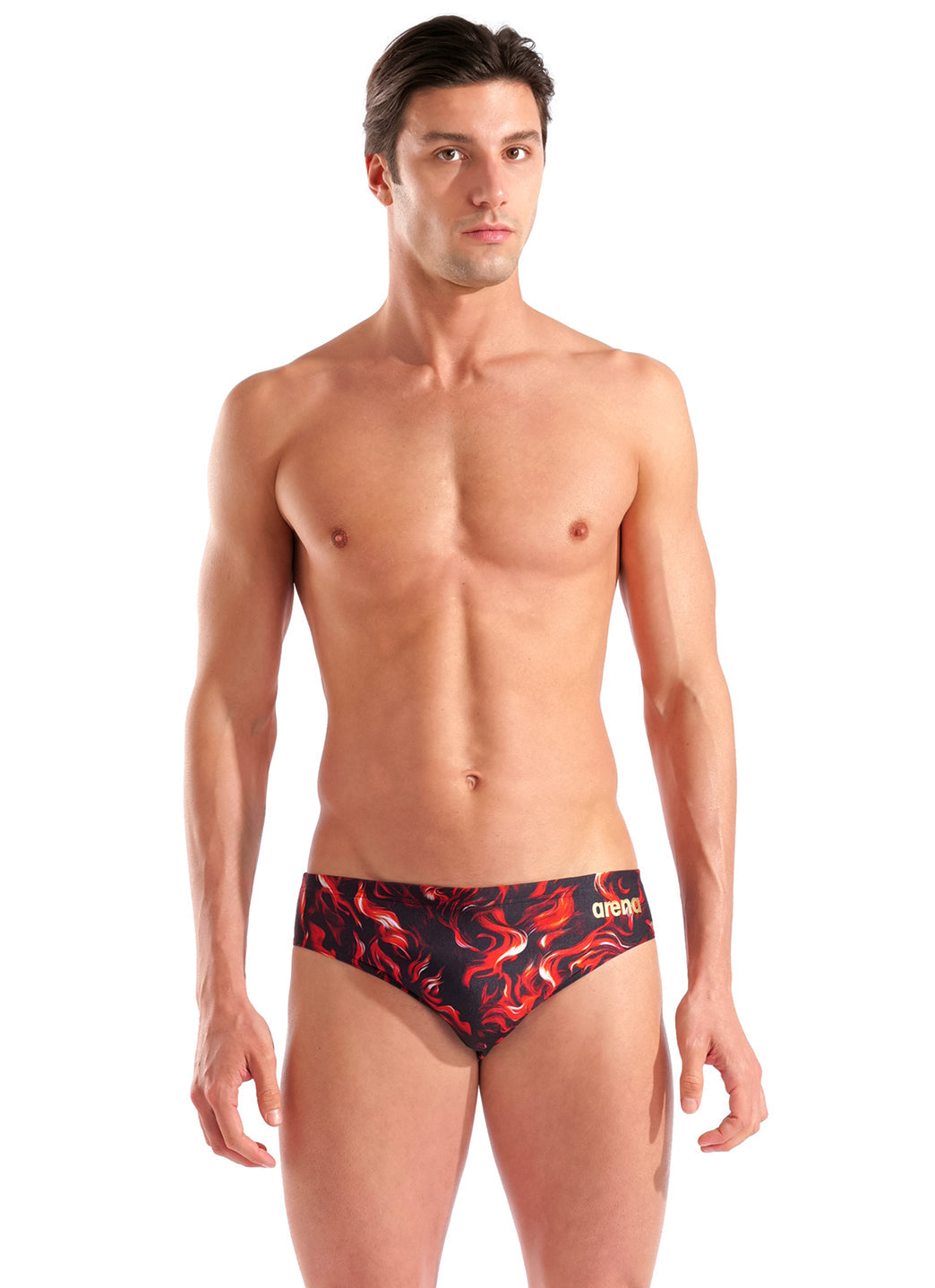 Arena competition swim briefs featuring a dynamic red and black flame design, ideal for professional swimmers. The product showcases the Arena logo on the side, emphasizing quality and performance in competitive swimming.