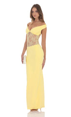 Off Shoulder Lace Cutout Maxi Dress in Yellow
