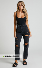 Billie Jeans – Black Wash High-Waisted Distressed Cotton Mom Jeans