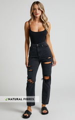 Billie Jeans – Black Wash High-Waisted Distressed Cotton Mom Jeans