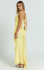 Rosha Butter Maxi – Ruched Ruffle Strap Gown in Sunny Yellow