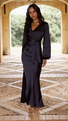 Ivy Long Sleeve Tie Front Maxi Dress - Navy