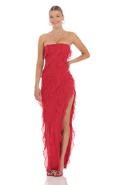 Mesh Ruffle Strapless Maxi Dress in Red